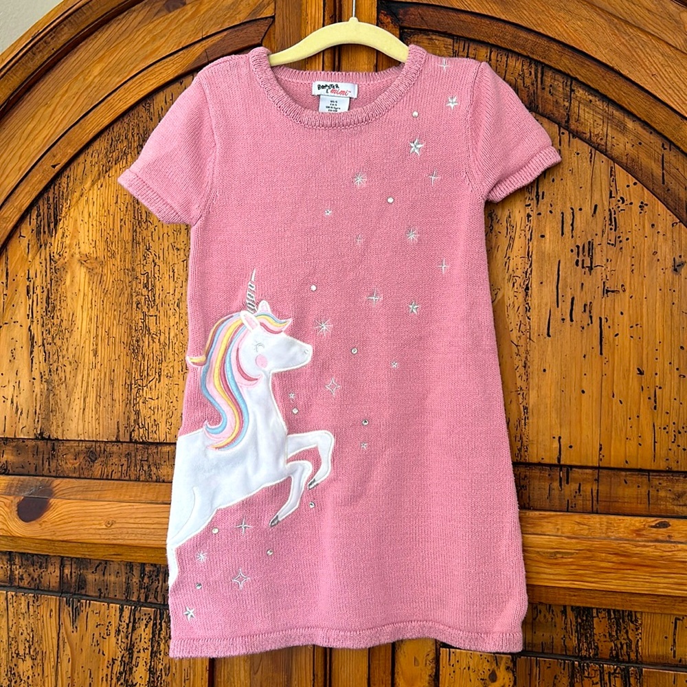 Knit Pink Unicorn Rhinestone Crew Neck Sweater Dress A Line Embroidered stars